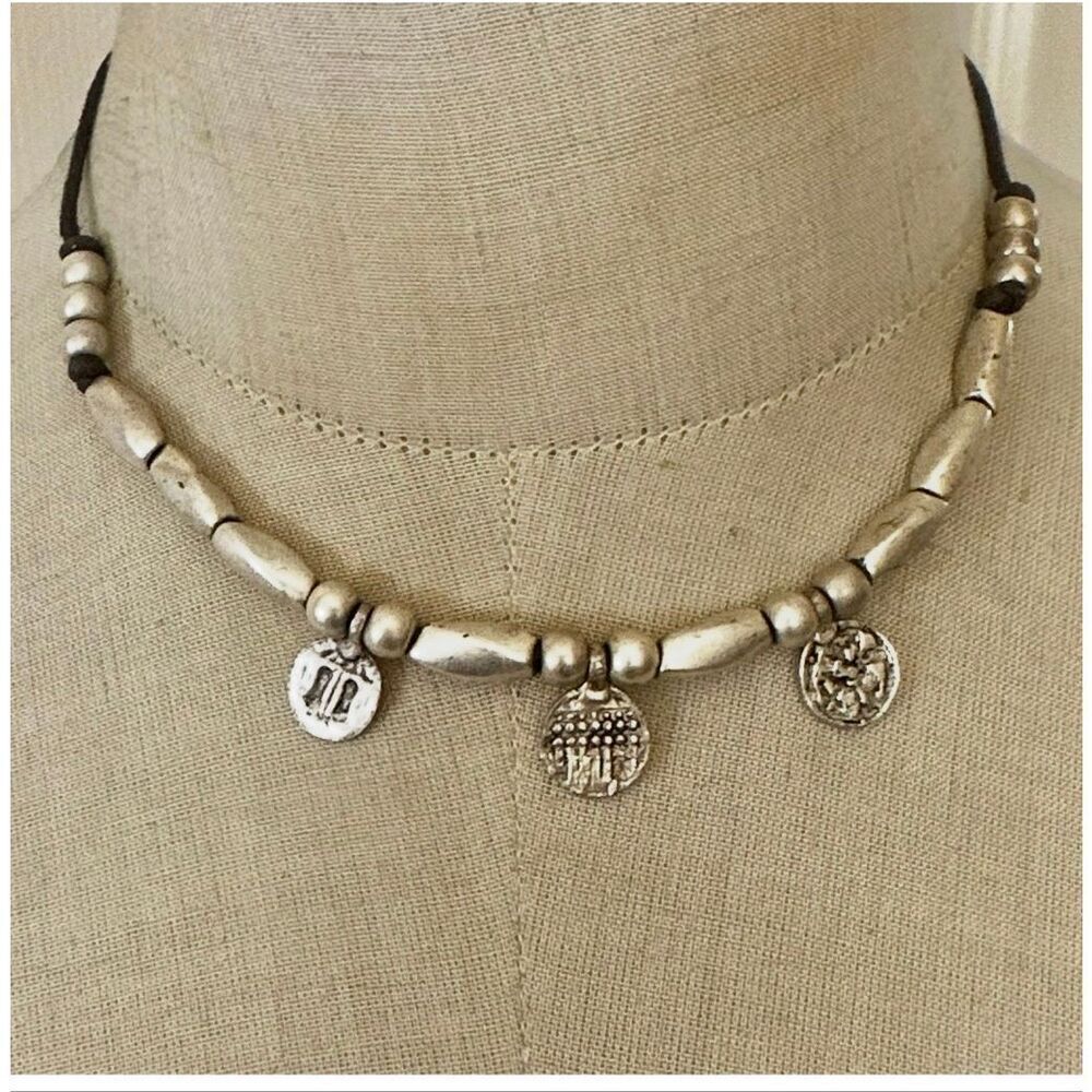 Silver Tone Beaded Leather Necklace with Textured Disc Charms